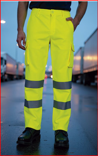 Calças de alta visibilidade amarelo neon com faixas refletoras cinza e bolso cargo