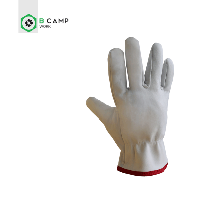 Luvas de trabalho brancas com punho vermelho, logótipo B CAMP WORK no fundo branco