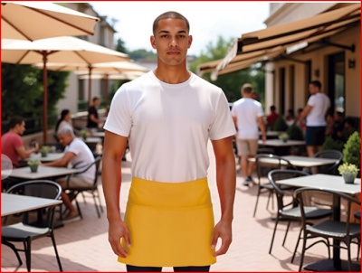 Homem com t-shirt branca e avental amarelo numa esplanada de restaurante
