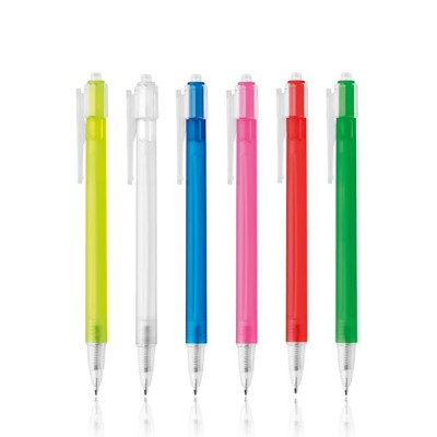 Seis canetas de cores variadas com corpo translúcido e clipe branco