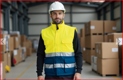 Colete de trabalho amarelo e azul com faixas refletoras em armazém