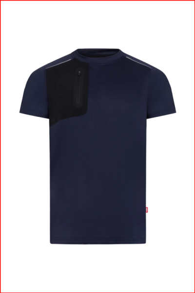 T-shirt desportiva azul escuro com painel preto e bolso no ombro