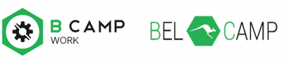 Logotipos B CAMP WORK e BEL CAMP com ícones hexagonais e textos em preto e verde