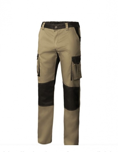 Calças de trabalho bege com reforços pretos e bolsos laterais
