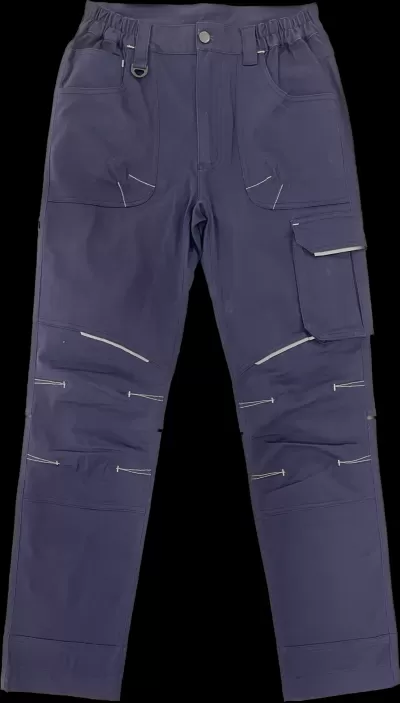 Calças de trabalho azuis com bolsos e detalhes refletivos
