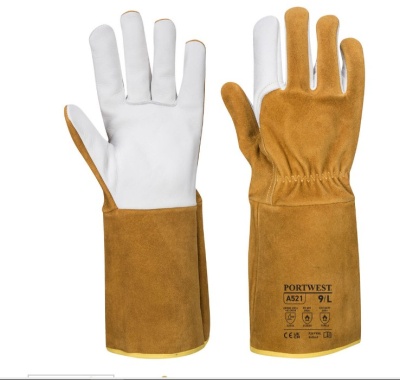 Luvas de trabalho Portwest A521 com couro branco e castanho, punho longo, tamanho 9/L.