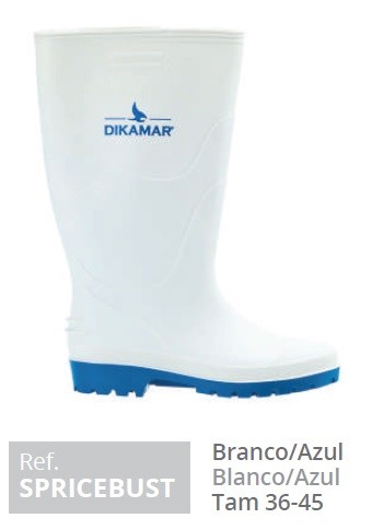 Bota branca com sola azul e texto DIKAMAR