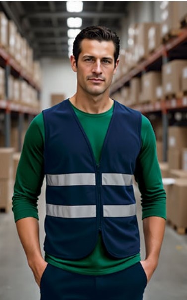 Homem com colete refletor azul escuro em armazém com caixas