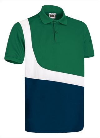 Polo bicolor verde, branco e azul escuro com gola e três botões