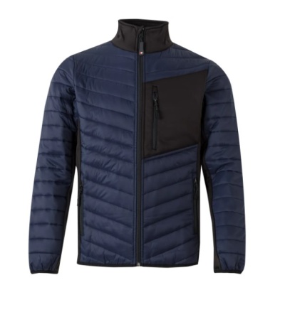 Casaco masculino azul escuro e preto, com fecho de correr e bolso no peito.