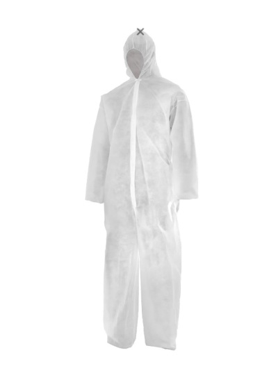 Macacão de proteção branco com capuz e fecho frontal