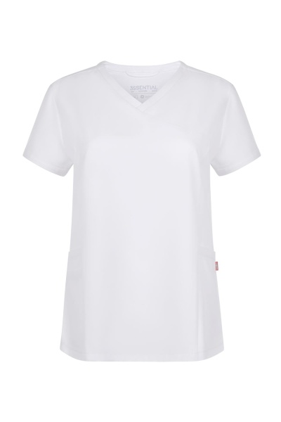 T-shirt médica branca com bolsos e decote em V