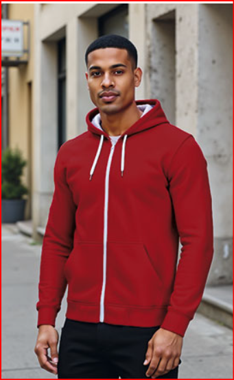 Homem com camisola com capuz vermelha com fecho branco num cenário urbano