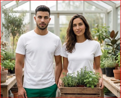Dois adultos com camisetas brancas e plantas numa estufa