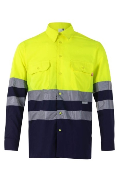Camisa de trabalho amarelo fosforescente e azul escuro com faixas refletoras cinzentas