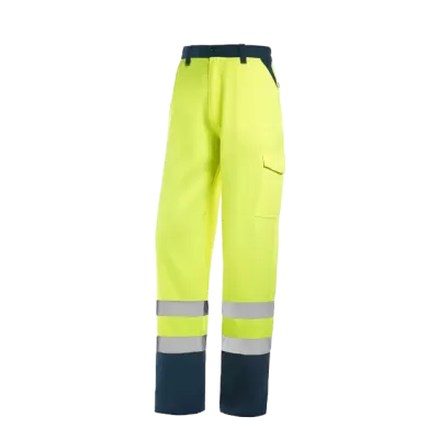 Calças de trabalho amarelas fluorescentes com detalhes azuis escuros e faixas reflexivas.