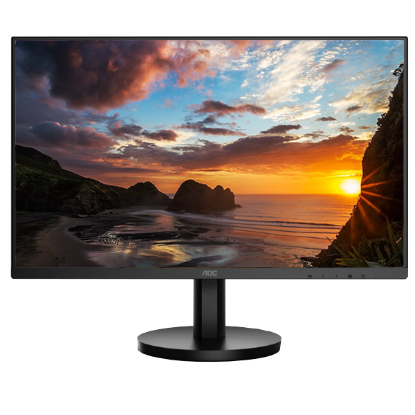 AOC MONITOR VA 24" (23.8) FHD CURVO 0.5MS 180HZ HDMI DP COLUNAS C24G42E Monitor AOC preto com imagem de praia ao pôr do sol