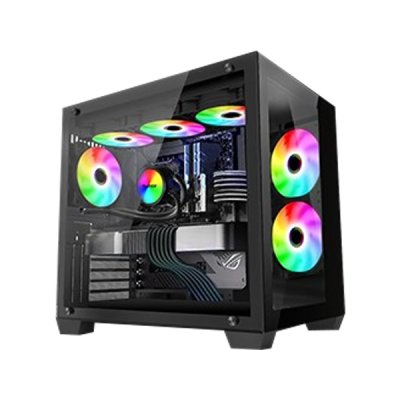 Computador de secretária preto com iluminação RGB e painel lateral de vidro.