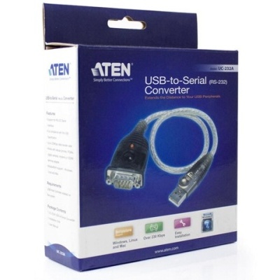 Embalagem azul e branca de conversor USB para Serial da marca ATEN