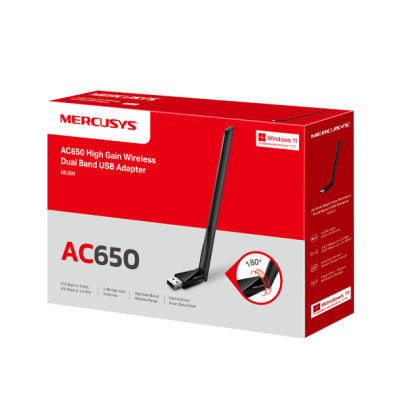 Embalagem do adaptador USB sem fios Mercusys AC650 com antena ajustável
