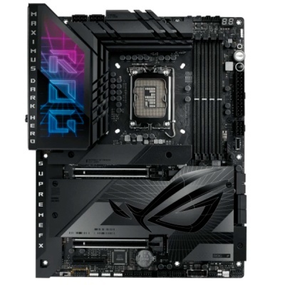Placa-mãe preta ASUS ROG Maximus Dark Hero Supreme FX com detalhes e textos visíveis
