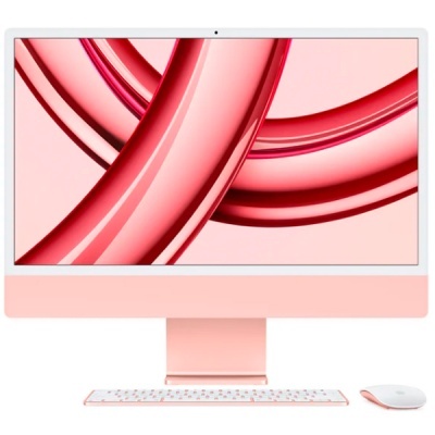 Computador Apple iMac rosa com teclado e rato rosa