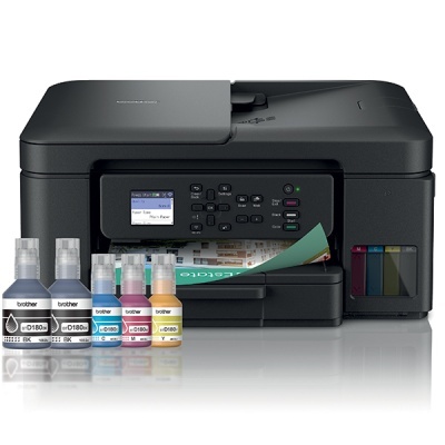 Impressora preta Brother com garrafas de tinta coloridas em frente