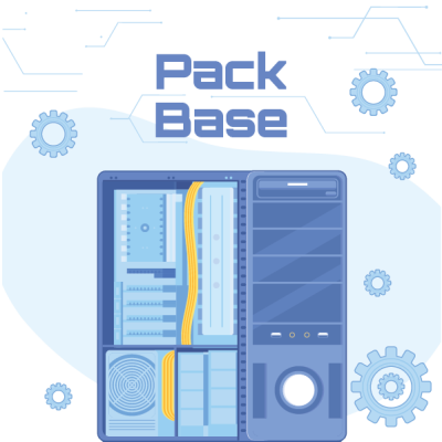 Computador de secretária azul e cinzento com componentes visíveis e texto 'Pack Base'