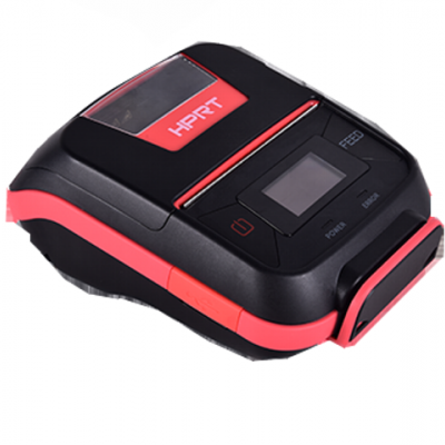 Impressora portátil preta e vermelha com visor digital e botões touch