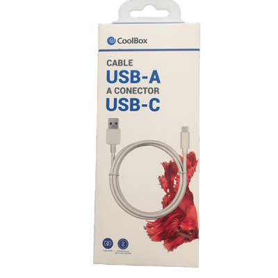 Embalagem de cabo USB-A para USB-C da marca CoolBox com imagem de um peixe vermelho