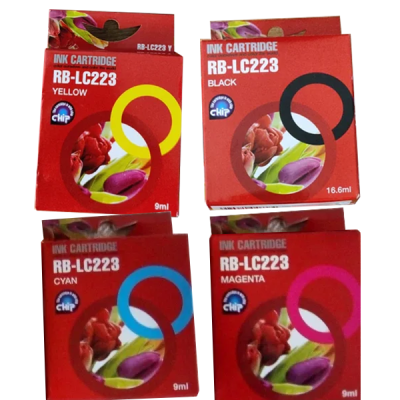 Quatro embalagens de tinteiros RB-LC223, em amarelo, preto, ciano e magenta, em embalagens vermelhas