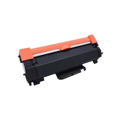 Cartucho de toner preto com detalhes laranja sobre fundo branco
