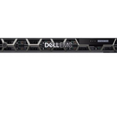 Servidor Dell EMC preto formato rack 1U com grelha frontal hexagonal e LEDs