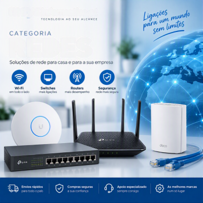 Produtos de rede com switch, router, dispositivo Ubiquiti e Deco, com cabos Ethernet azuis
