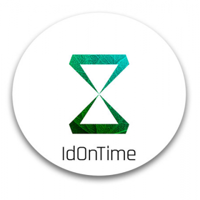 Logotipo de ampulheta com texto 'IdOnTime' sobre fundo branco
