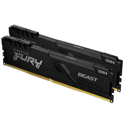 Módulos de memória RAM DDR4 Kingston Fury Beast pretos com texto branco e detalhes em relevo