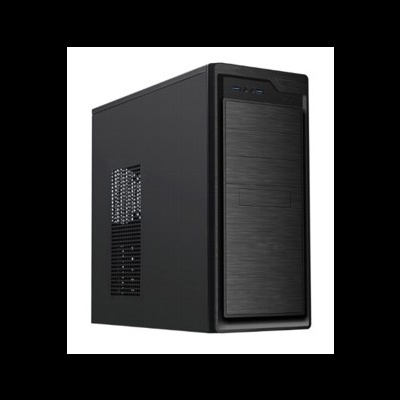 Computador de secretária preto com painel frontal metálico e ventilação lateral