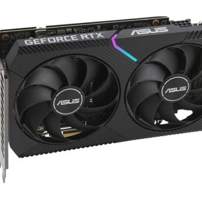 Placa gráfica ASUS GeForce RTX preta com dois ventiladores e iluminação em LED azul e roxo