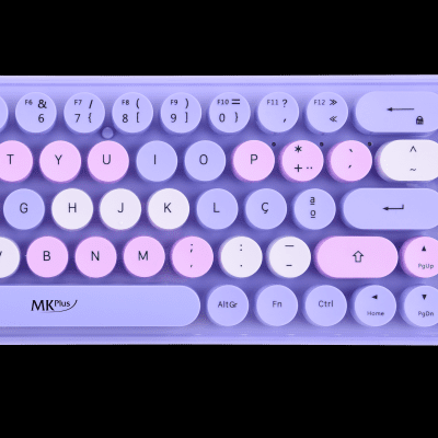 Teclado e rato sem fios lilás e rosa com teclas redondas e letras brancas
