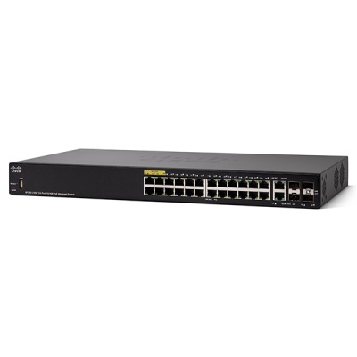 Switch de rede Cisco preto com 28 portas Ethernet e LEDs indicadores