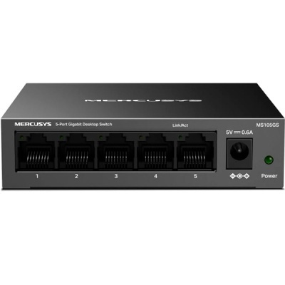 Switch de rede Mercusys preto com 5 portas Ethernet