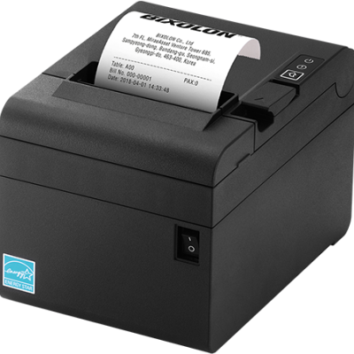 Impressora térmica preta para recibos com papel branco