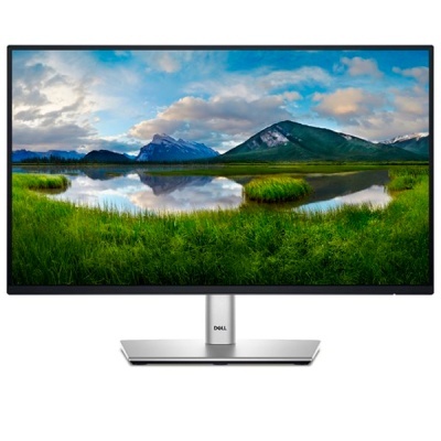 Monitor Dell widescreen com base metálica prateada e imagem de paisagem