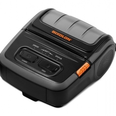 Impressora portátil de recibos BIXOLON preta com detalhes laranja