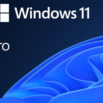 Ecrã com texto Windows 11 Pro e gráfico azul abstrato