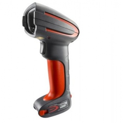 Leitor de código de barras portátil preto e vermelho sobre fundo branco