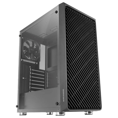 Caixa de computador torre preta com vidro transparente e painel frontal com linhas diagonais