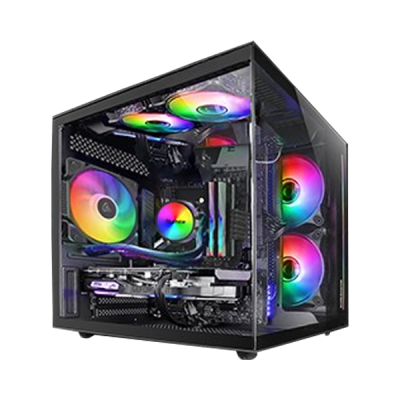 Computador desktop com caixa em vidro temperado e ventoinhas RGB coloridas