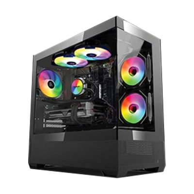 Computador de secretária com caixa preta e ventoinhas RGB coloridas
