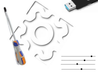 Ferramentas e pen drive sobre fundo branco com gráfico de linhas e pontos.